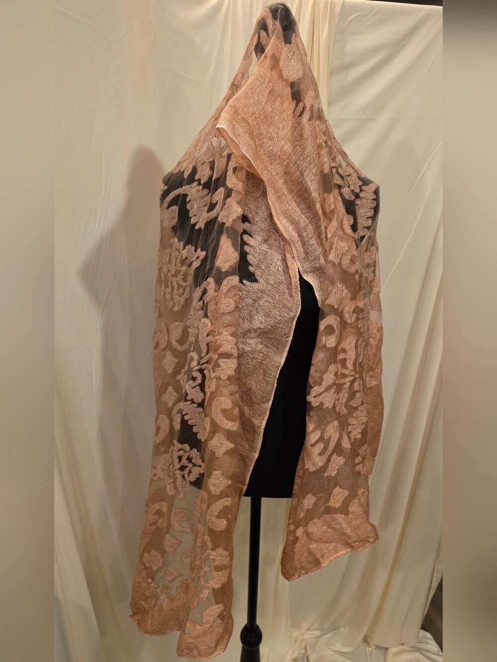 Peach Sheer Floral Textured Scarf Shawl Wrap 72x26 Long Boho Wedding Evening